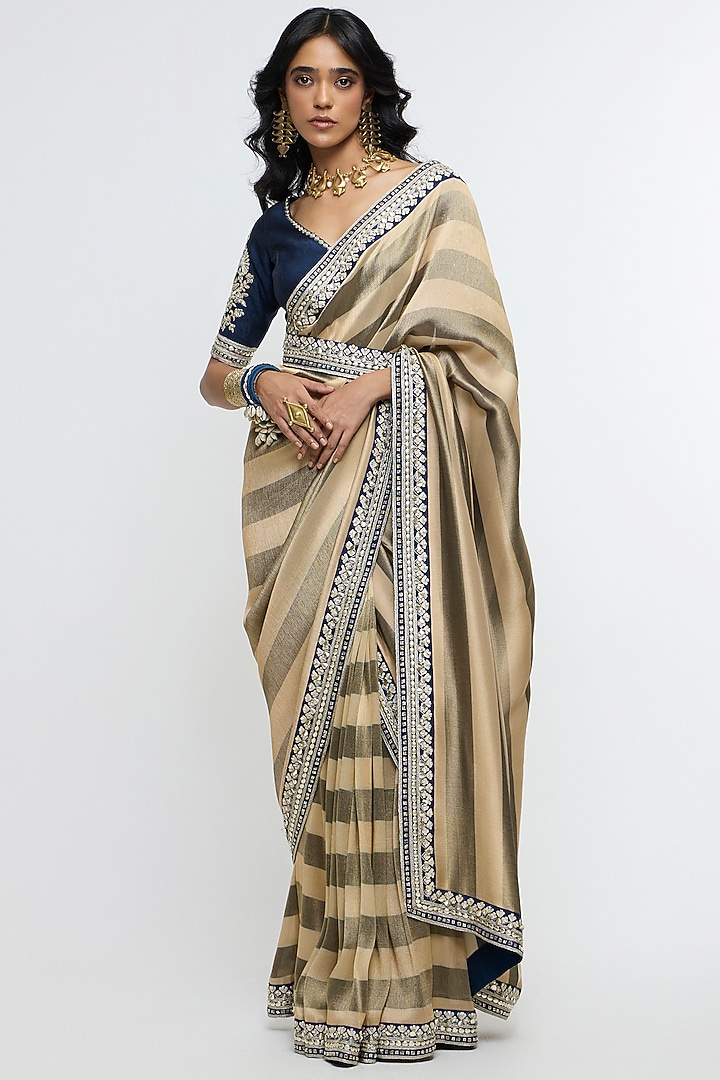 Metallic & Blue Striped Crepe Banarasi Embroidered Reception Saree Set by SVA BY SONAM & PARAS MODI at Pernia's Pop Up Shop