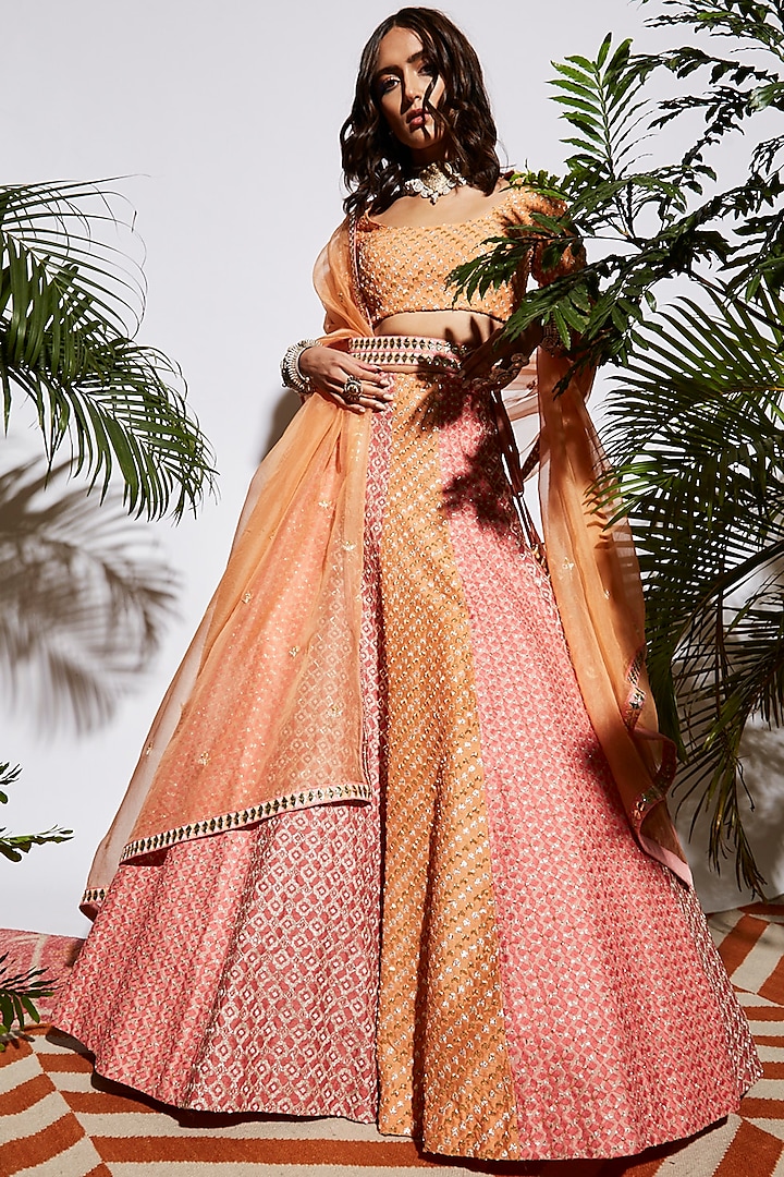 Pink & Orange Raw Silk Lehenga Set by Sva By Sonam & Paras Modi