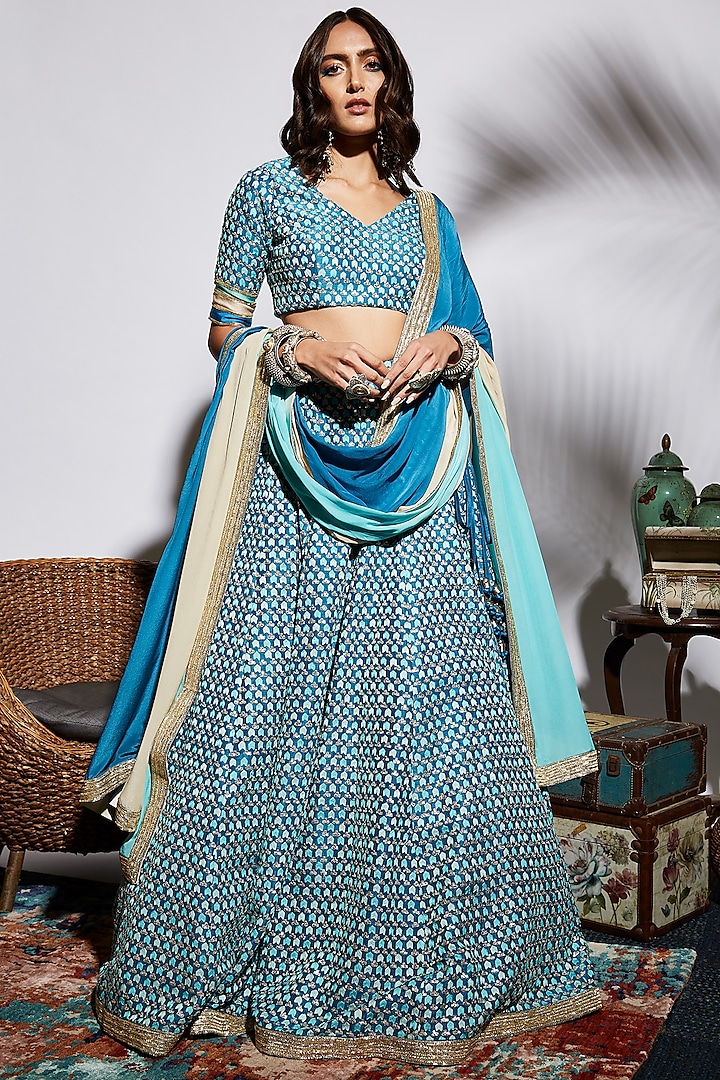 Turquoise Embroidered Lehenga Set by Sva By Sonam & Paras Modi