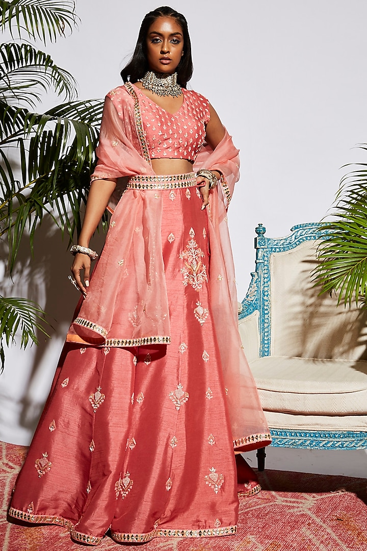 Pink Raw Silk Lehenga Set by Sva By Sonam & Paras Modi