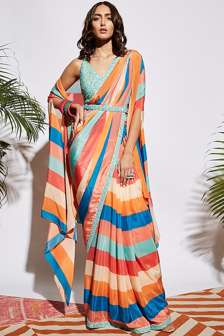 Multi-Coloured Striped Saree Set by Sva By Sonam & Paras Modi