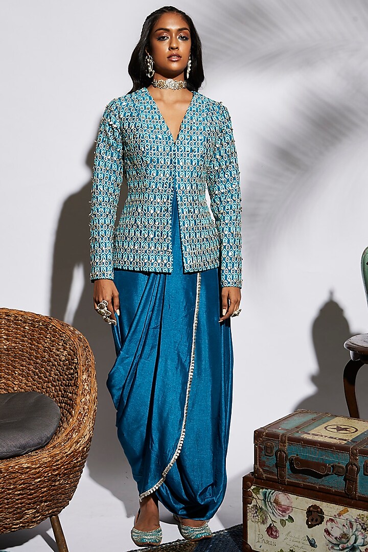 Turquoise Blue Embellished Jacket Set by Sva By Sonam & Paras Modi