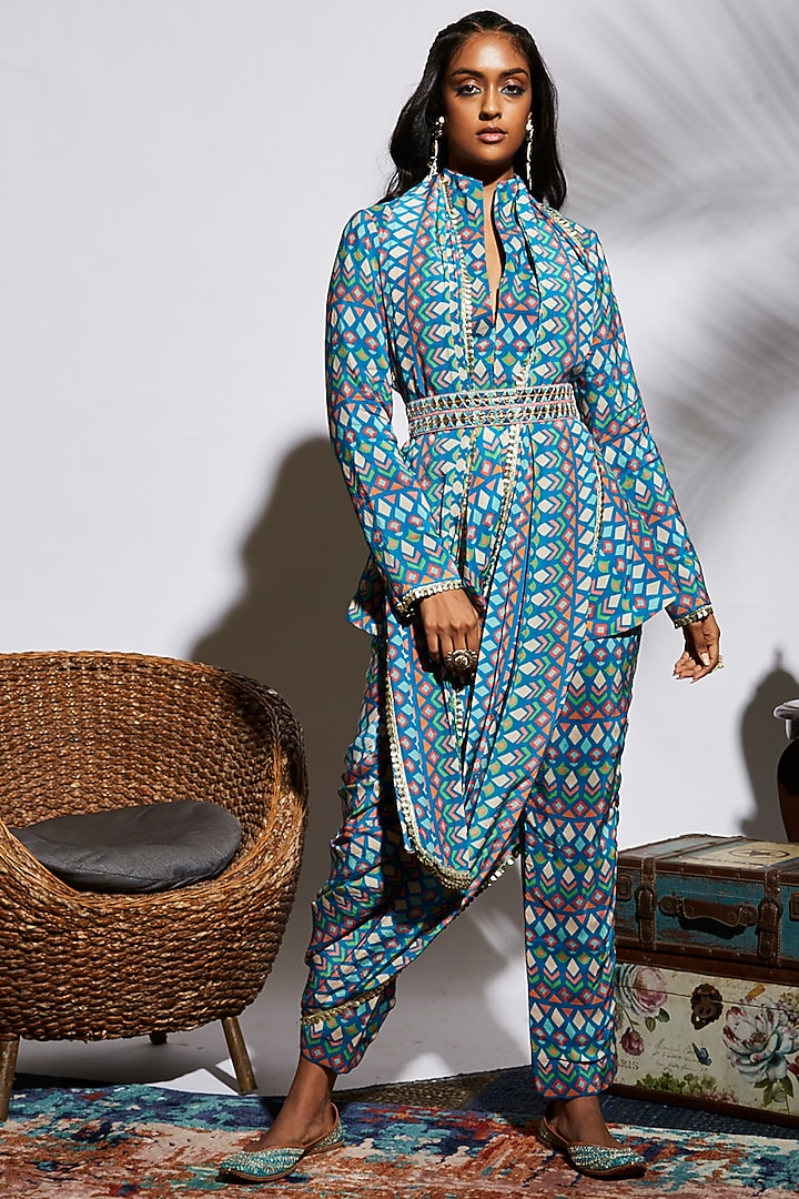 Blue Silk Printed Pant Set by SVA BY SONAM & PARAS MODI at Pernia's Pop Up Shop