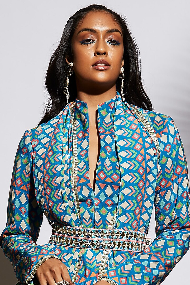Blue Silk Printed Pant Set by SVA BY SONAM & PARAS MODI at Pernia's Pop Up Shop