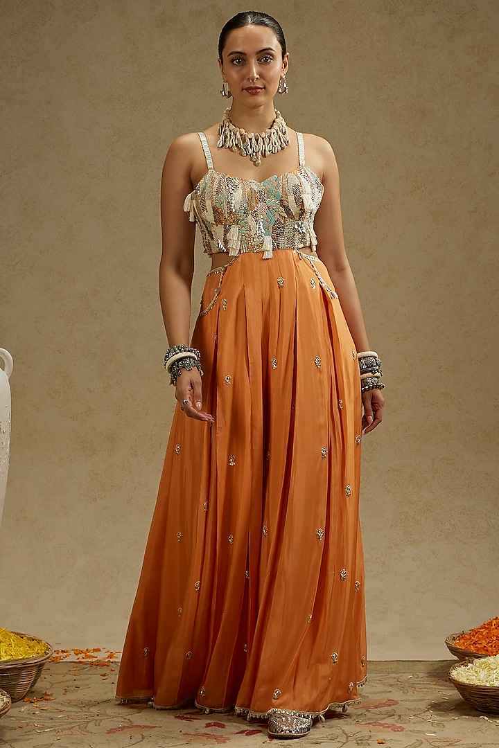 Orange Silk Embellished Jumpsuit by SVA by Sonam & Paras Modi at Pernia's Pop Up Shop