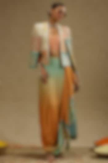 Orange & Blue Crepe Printed Ombre Draped Skirt Set by SVA by Sonam & Paras Modi