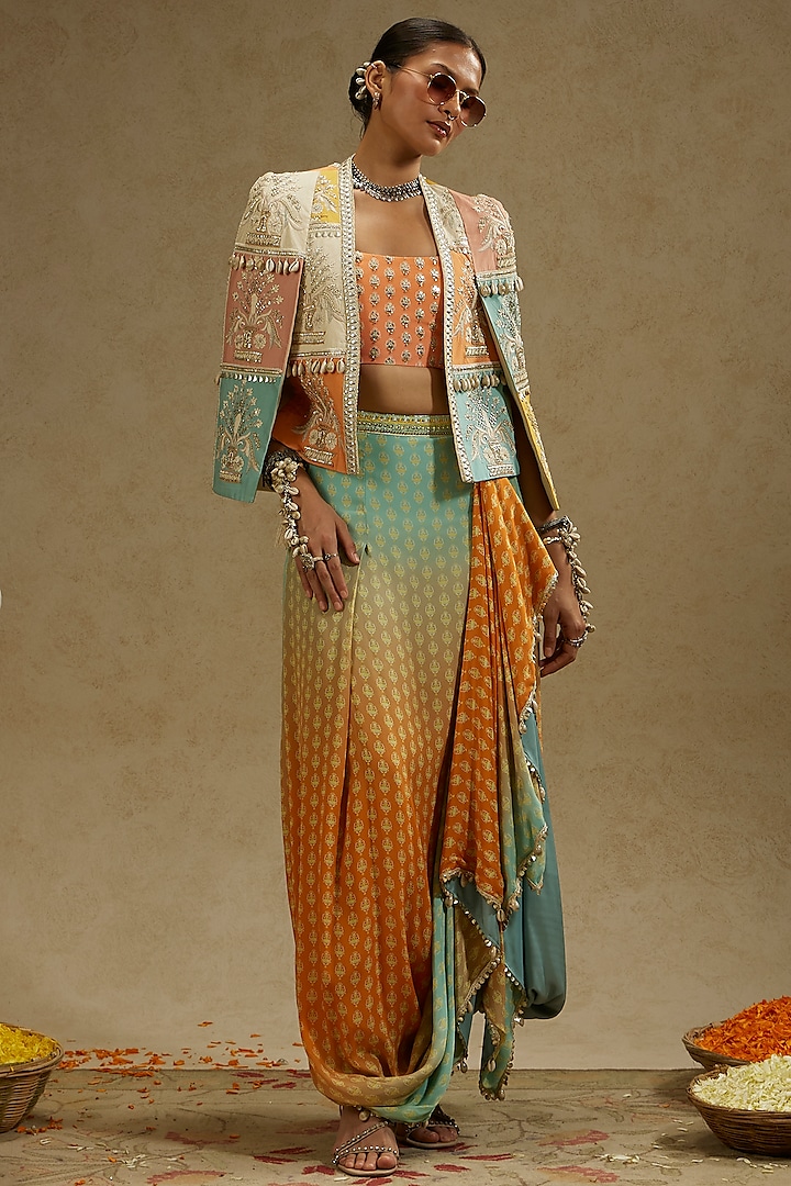 Orange & Blue Crepe Printed Ombre Draped Skirt Set by SVA by Sonam & Paras Modi