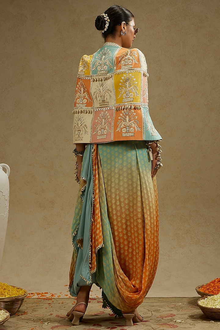 Orange & Blue Crepe Printed Ombre Draped Skirt Set by SVA BY SONAM & PARAS MODI at Pernia's Pop Up Shop