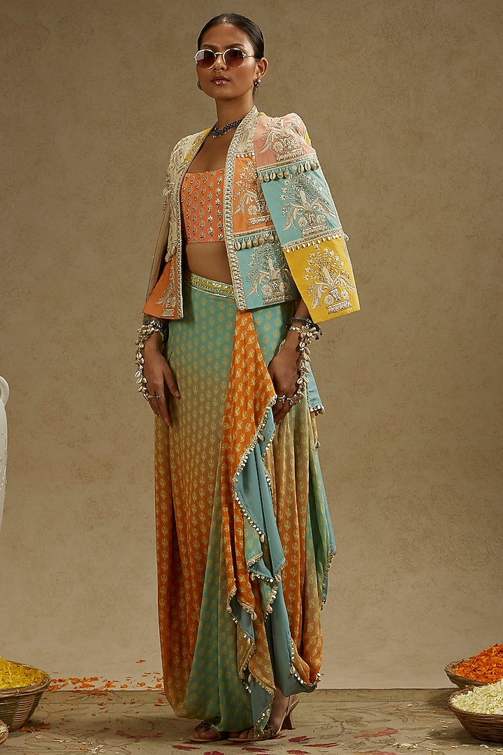 Orange & Blue Crepe Printed Ombre Draped Skirt Set by SVA BY SONAM & PARAS MODI at Pernia's Pop Up Shop