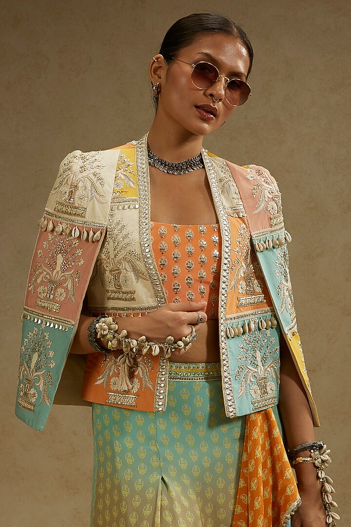 Orange & Blue Crepe Printed Ombre Draped Skirt Set by SVA BY SONAM & PARAS MODI at Pernia's Pop Up Shop
