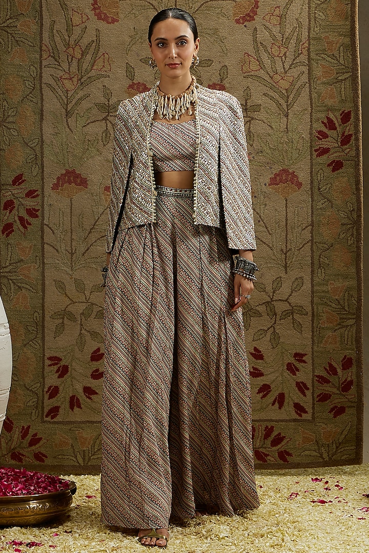 Beige Crepe Striped Jacket Set by SVA by Sonam & Paras Modi at Pernia's Pop Up Shop