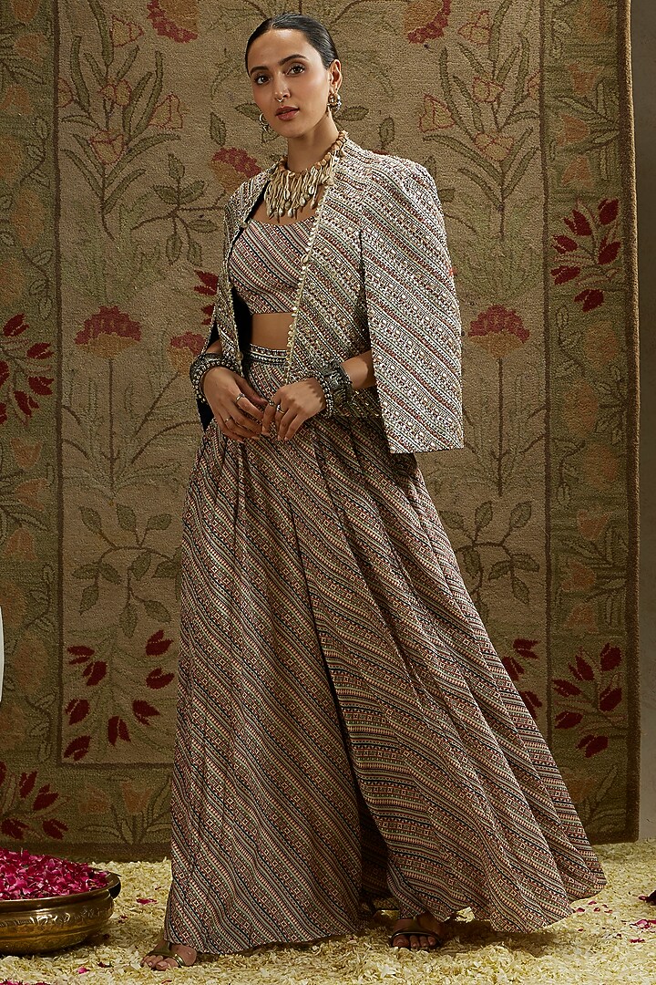 Beige Crepe Striped Jacket Set by SVA BY SONAM & PARAS MODI at Pernia's Pop Up Shop
