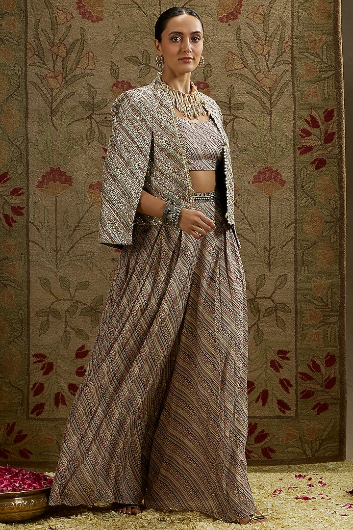 Beige Crepe Striped Jacket Set by SVA BY SONAM & PARAS MODI at Pernia's Pop Up Shop