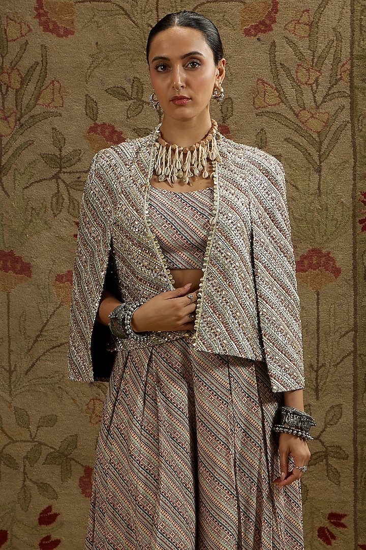 Beige Crepe Striped Jacket Set by SVA BY SONAM & PARAS MODI at Pernia's Pop Up Shop