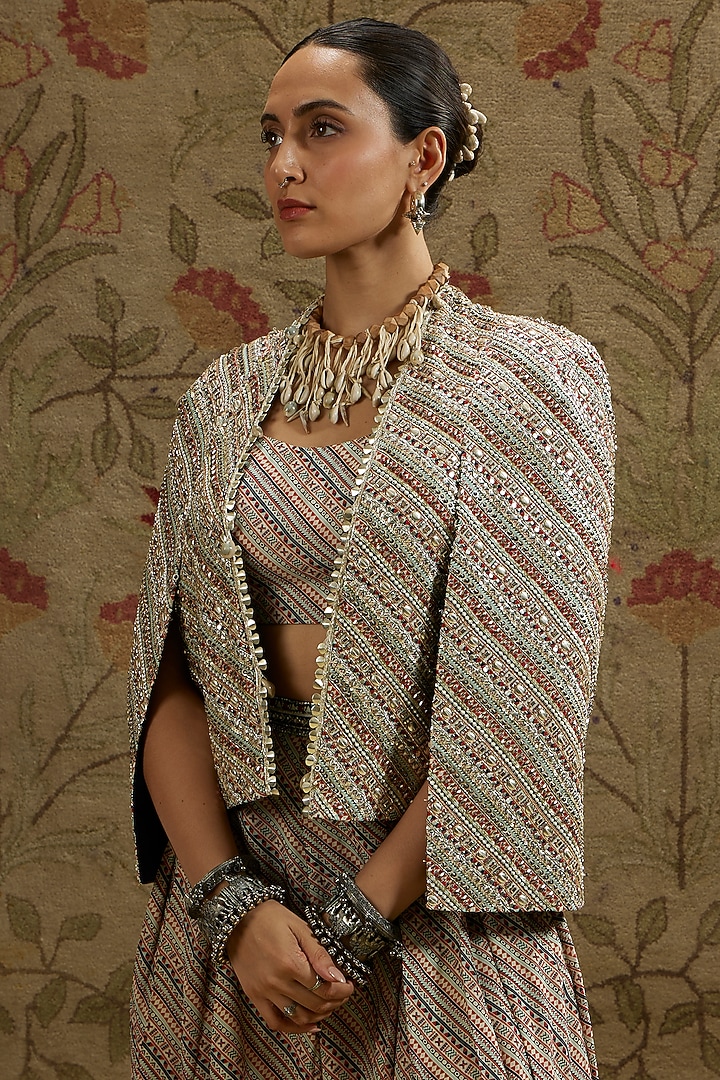 Beige Crepe Striped Jacket Set by SVA BY SONAM & PARAS MODI at Pernia's Pop Up Shop