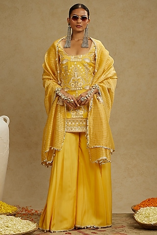 Yellow Silk Boota Embellished Kurta Set by SVA BY SONAM & PARAS MODI