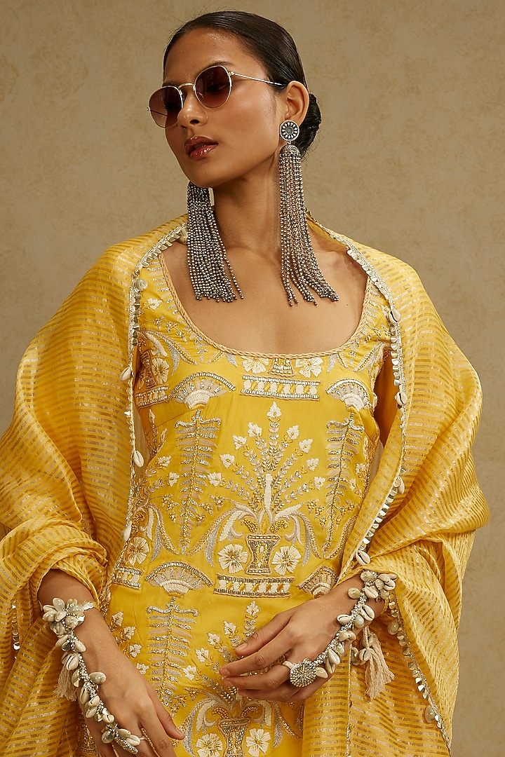 Yellow Silk Boota Embellished Kurta Set by SVA BY SONAM & PARAS MODI at Pernia's Pop Up Shop