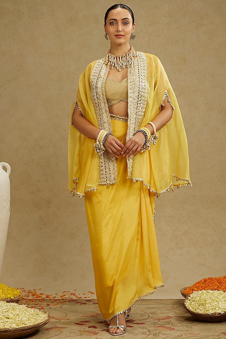 Dandelion Yellow Organza Draped Skirt Set by SVA by Sonam & Paras Modi