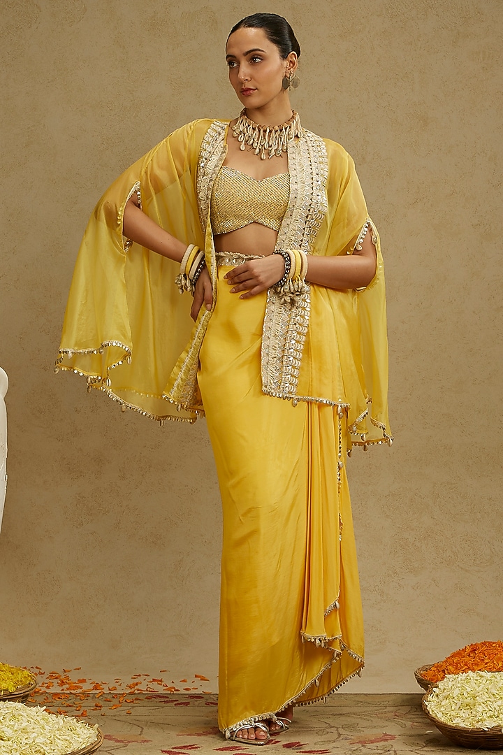 Dandelion Yellow Organza Draped Skirt Set by SVA BY SONAM & PARAS MODI at Pernia's Pop Up Shop