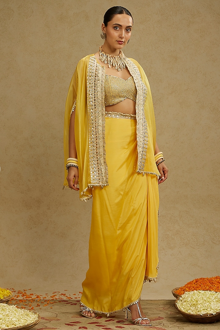 Dandelion Yellow Organza Draped Skirt Set by SVA BY SONAM & PARAS MODI at Pernia's Pop Up Shop