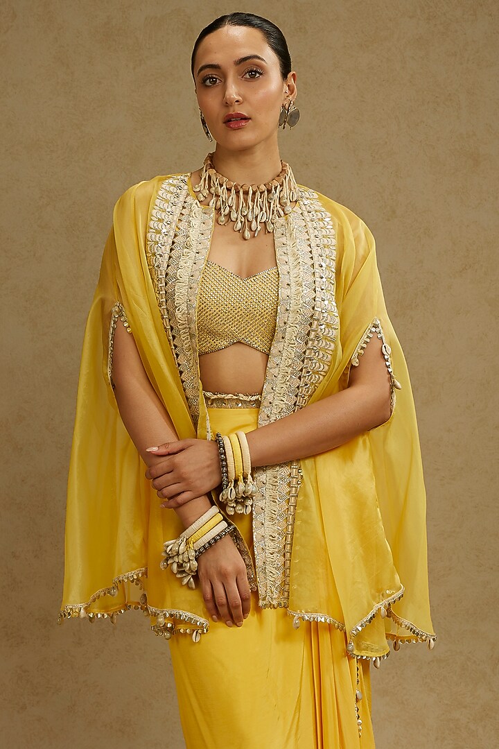 Dandelion Yellow Organza Draped Skirt Set by SVA BY SONAM & PARAS MODI at Pernia's Pop Up Shop