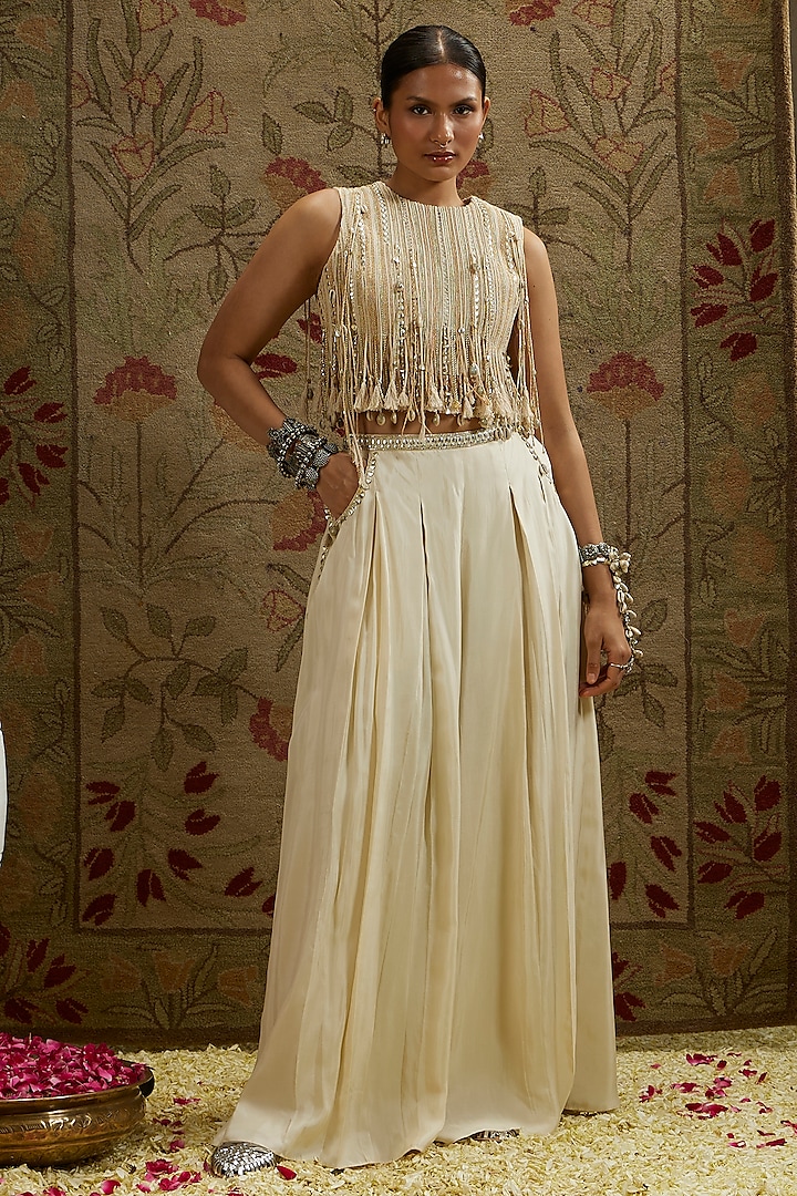 Cream Silk Pleated Palazzo Pant Set by SVA by Sonam & Paras Modi at Pernia's Pop Up Shop