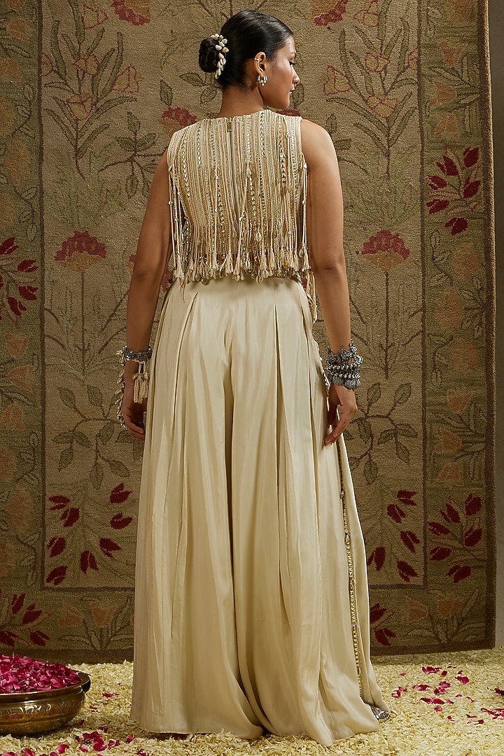 Cream Silk Pleated Palazzo Pant Set by SVA BY SONAM & PARAS MODI at Pernia's Pop Up Shop