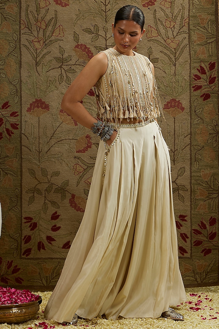 Cream Silk Pleated Palazzo Pant Set by SVA BY SONAM & PARAS MODI at Pernia's Pop Up Shop