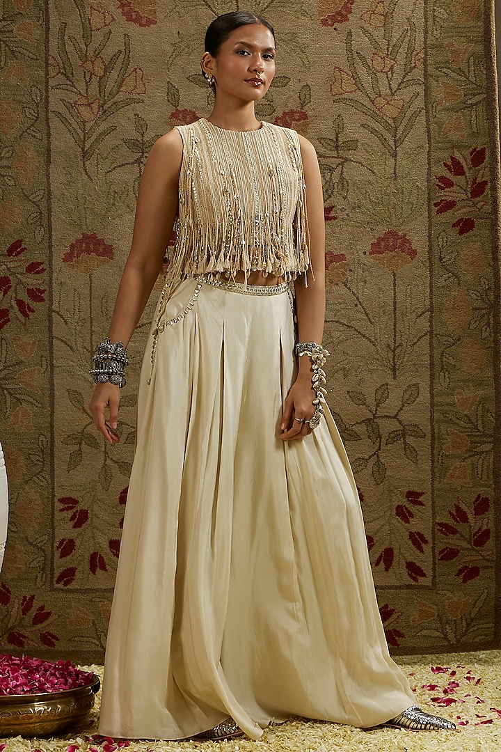 Cream Silk Pleated Palazzo Pant Set by SVA BY SONAM & PARAS MODI at Pernia's Pop Up Shop