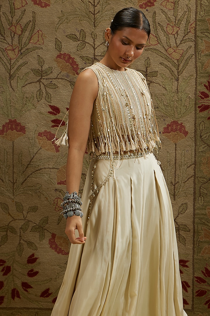 Cream Silk Pleated Palazzo Pant Set by SVA BY SONAM & PARAS MODI at Pernia's Pop Up Shop