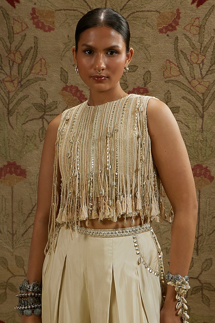 Cream Silk Pleated Palazzo Pant Set by SVA BY SONAM & PARAS MODI at Pernia's Pop Up Shop