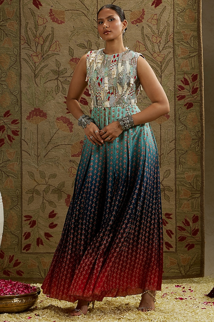 Blue & Red Crepe Ombre Printed Jumpsuit by SVA BY SONAM & PARAS MODI at Pernia's Pop Up Shop