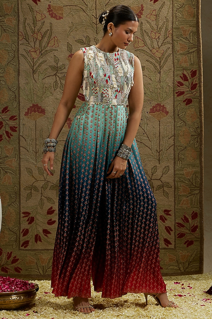 Blue & Red Crepe Ombre Printed Jumpsuit by SVA BY SONAM & PARAS MODI at Pernia's Pop Up Shop