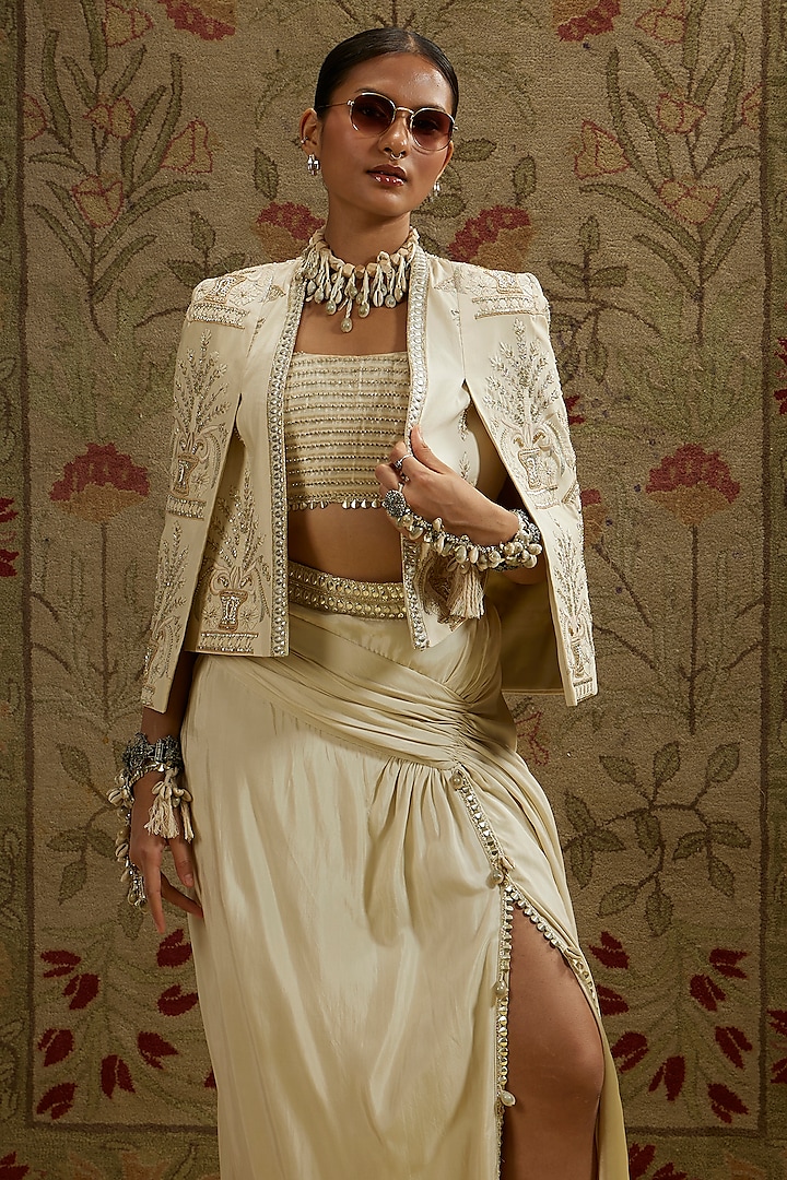 Mangolia Cream Silk Skirt Set by SVA BY SONAM & PARAS MODI at Pernia's Pop Up Shop