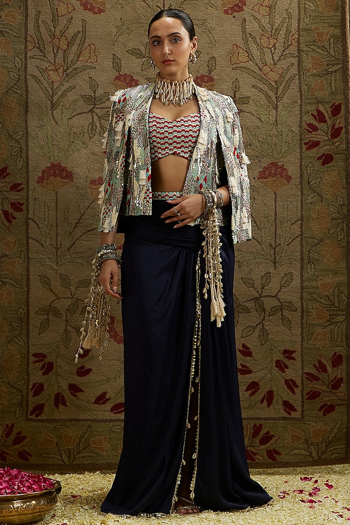 Blue Silk Embellished Skirt Set by SVA by Sonam & Paras Modi at Pernia's Pop Up Shop