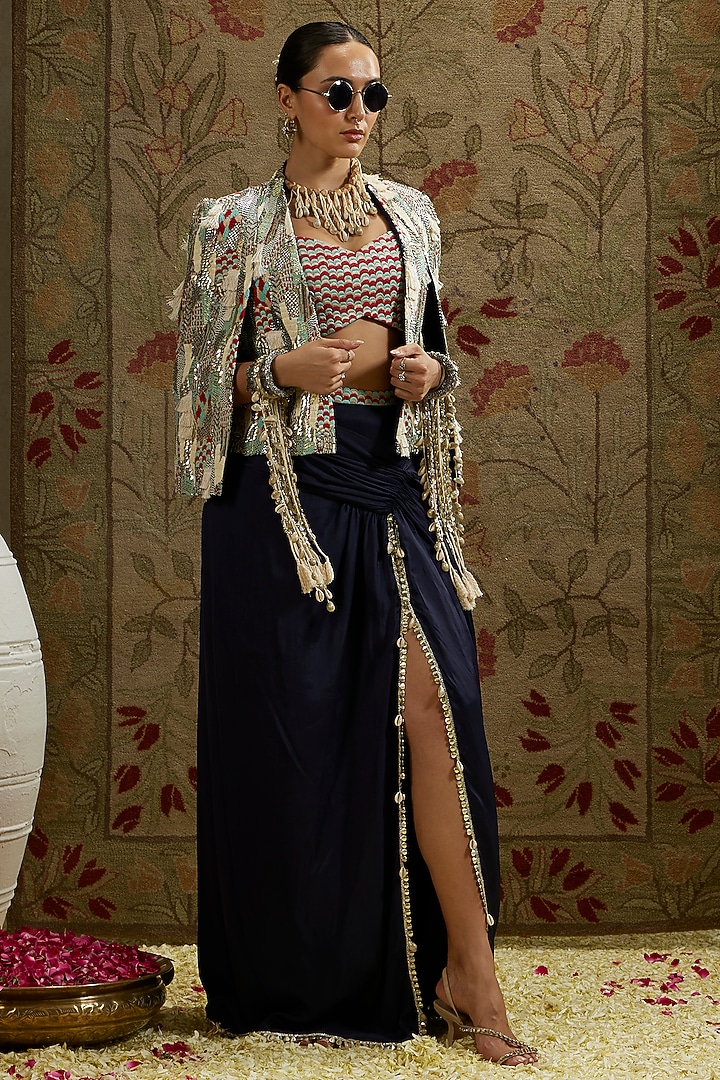 Blue Silk Embellished Skirt Set by SVA BY SONAM & PARAS MODI at Pernia's Pop Up Shop
