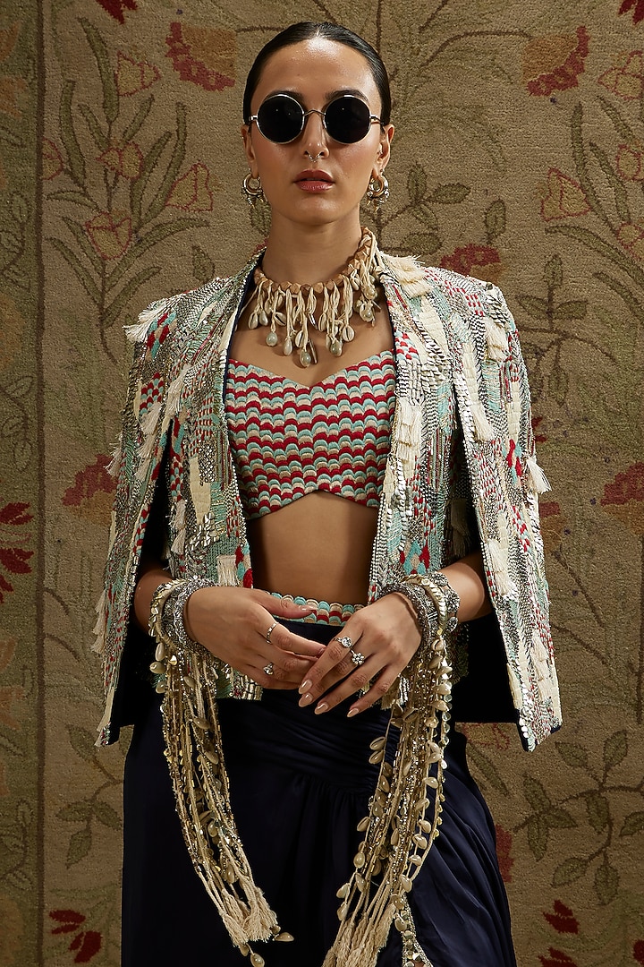Blue Silk Embellished Skirt Set by SVA BY SONAM & PARAS MODI at Pernia's Pop Up Shop