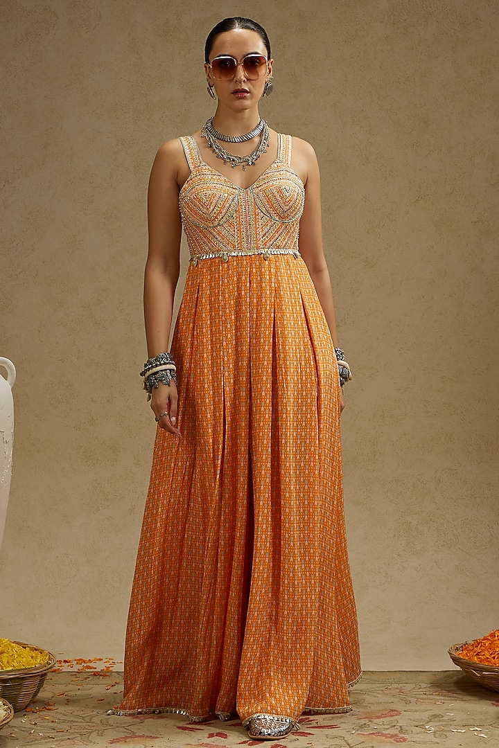 Orange Crepe Embellished Jumpsuit by SVA by Sonam & Paras Modi at Pernia's Pop Up Shop