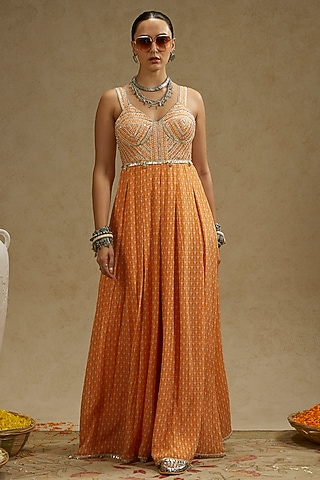 Orange Crepe Embellished Jumpsuit by SVA BY SONAM & PARAS MODI