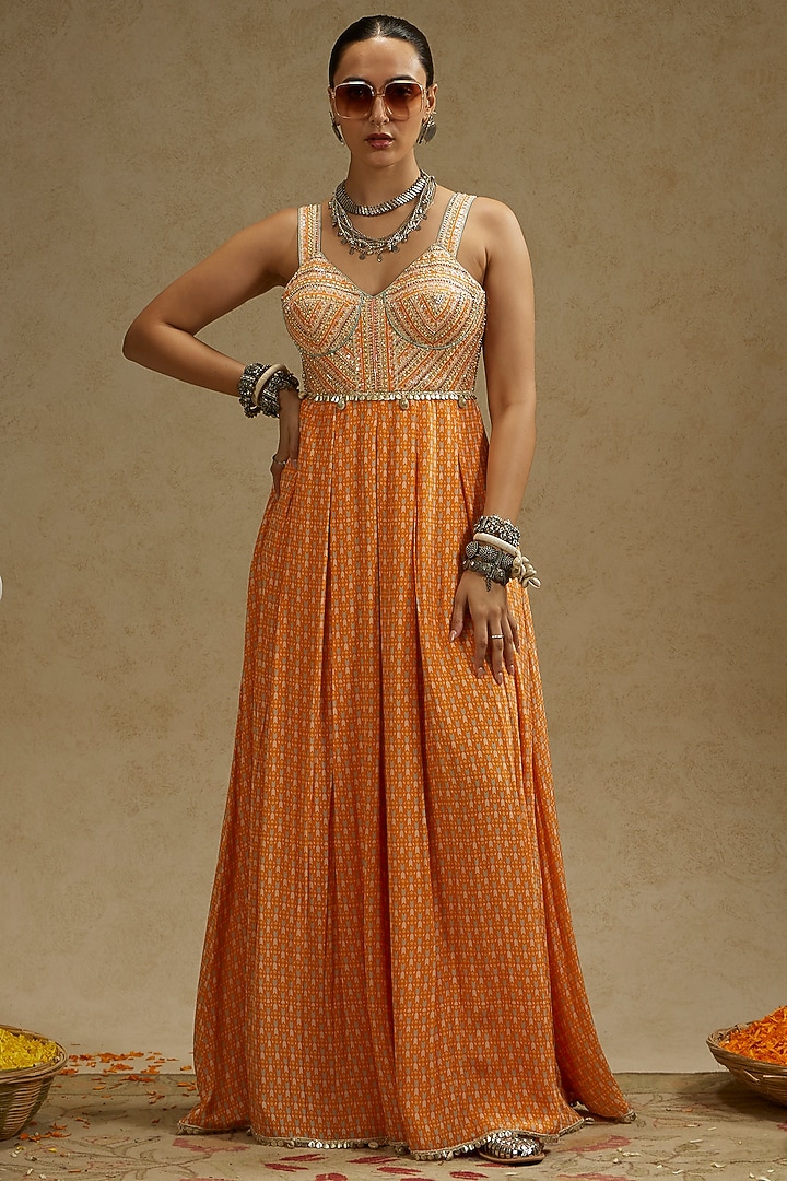 Orange Crepe Embellished Jumpsuit by SVA BY SONAM & PARAS MODI at Pernia's Pop Up Shop