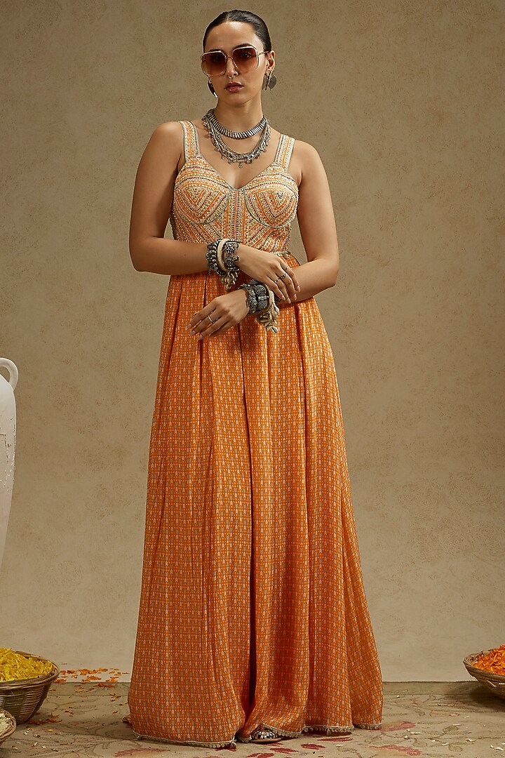 Orange Crepe Embellished Jumpsuit by SVA BY SONAM & PARAS MODI at Pernia's Pop Up Shop