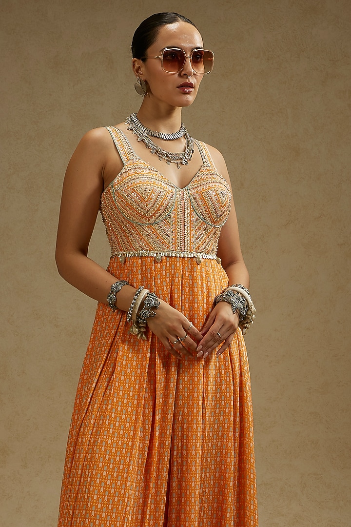 Orange Crepe Embellished Jumpsuit by SVA BY SONAM & PARAS MODI at Pernia's Pop Up Shop