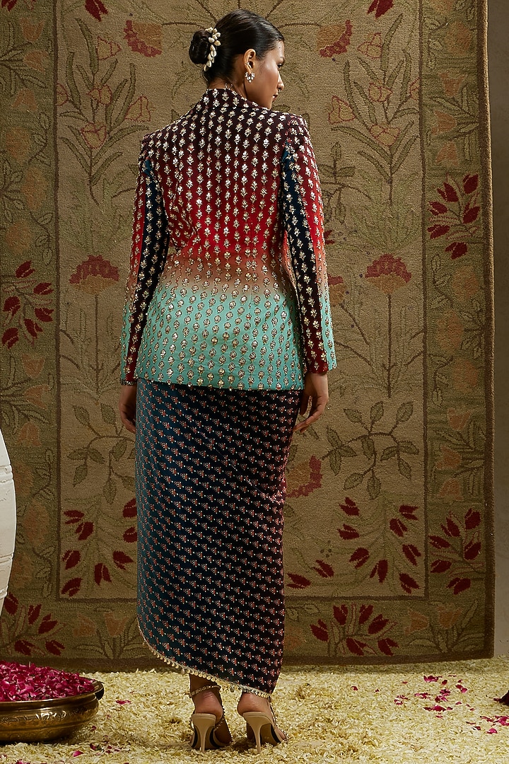 Red & Blue Crepe Printed Ombre Draped Skirt Set by SVA BY SONAM & PARAS MODI at Pernia's Pop Up Shop