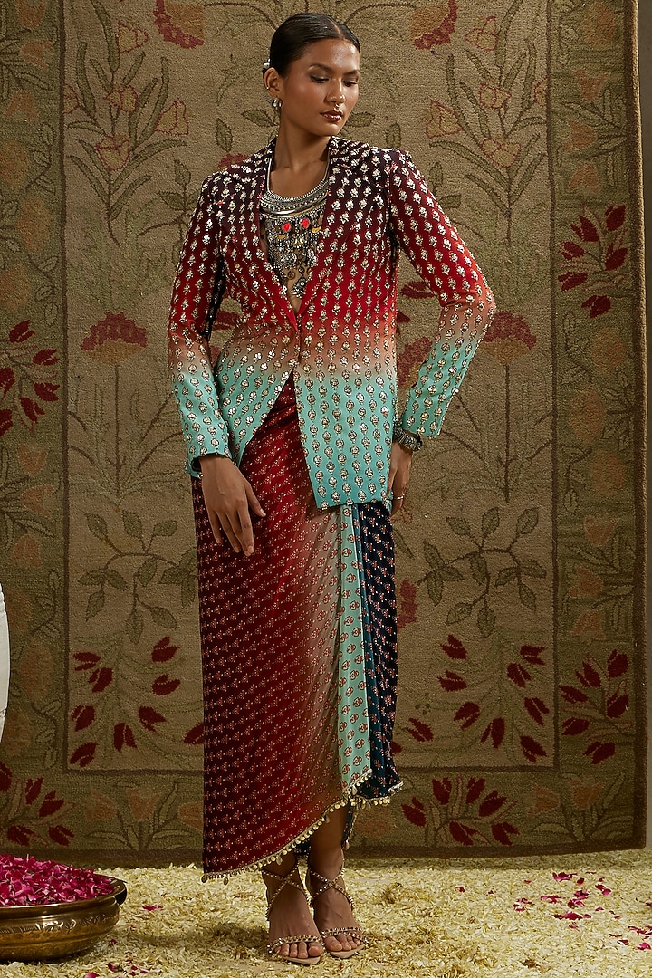 Red & Blue Crepe Printed Ombre Draped Skirt Set by SVA BY SONAM & PARAS MODI at Pernia's Pop Up Shop