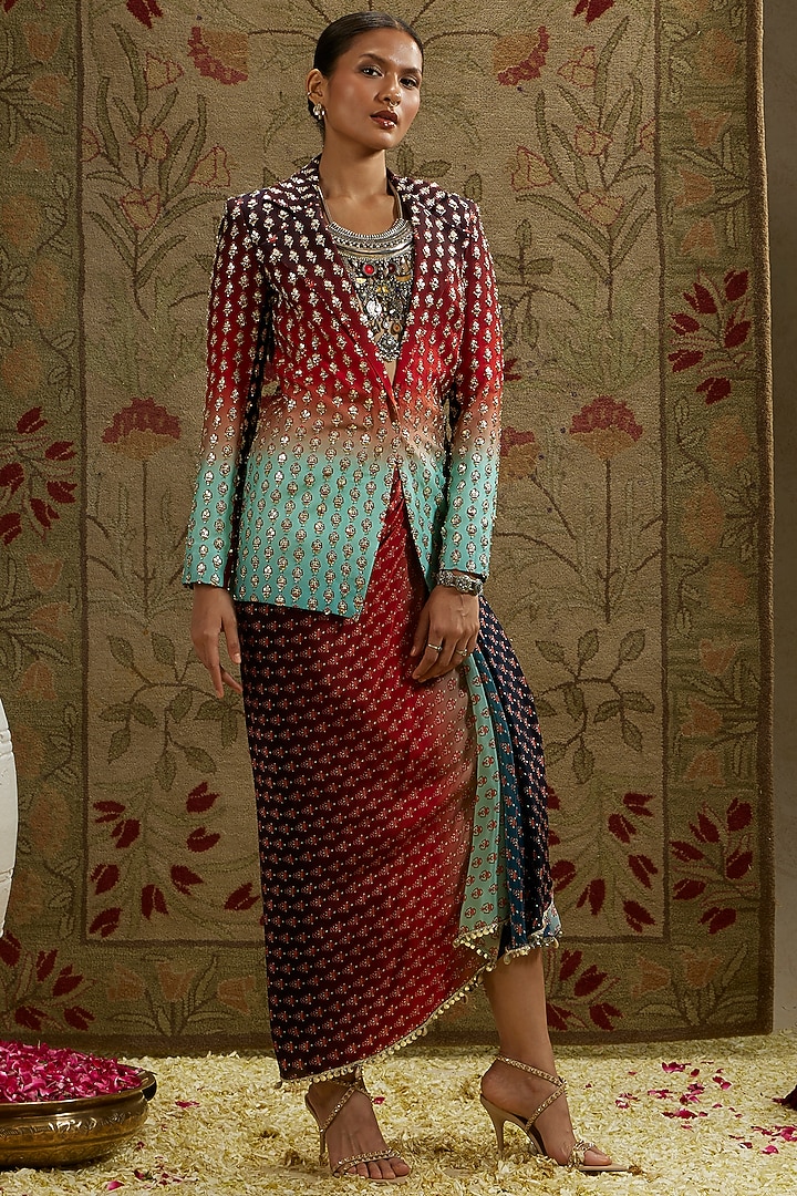 Red & Blue Crepe Printed Ombre Draped Skirt Set by SVA BY SONAM & PARAS MODI at Pernia's Pop Up Shop