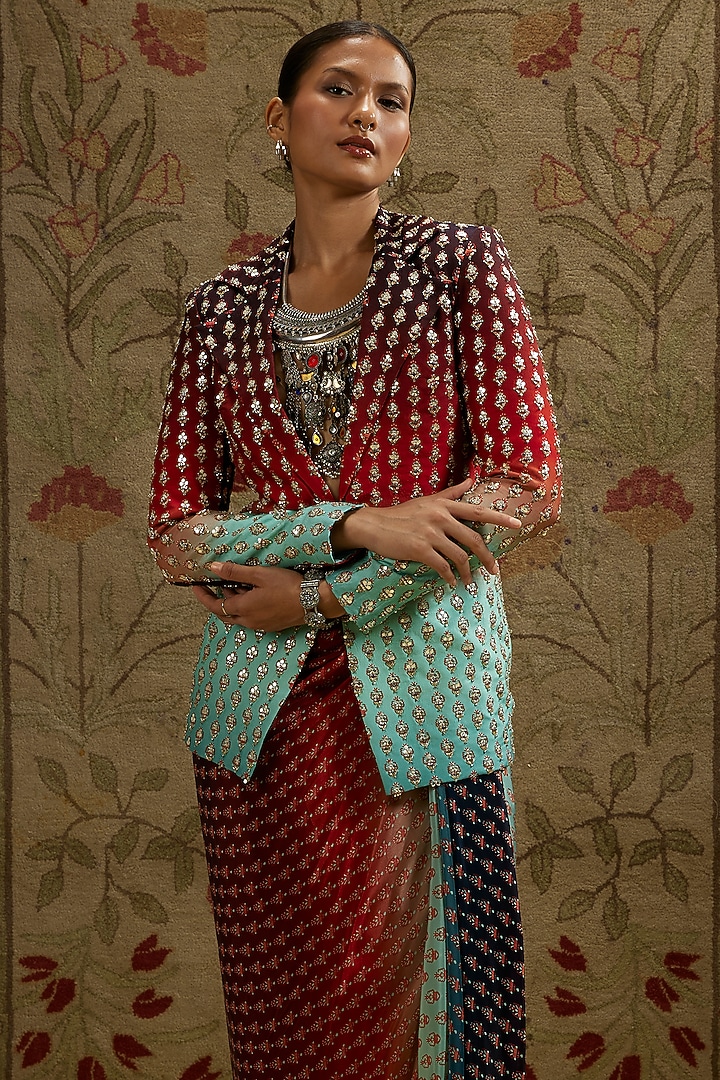 Red & Blue Crepe Printed Ombre Draped Skirt Set by SVA BY SONAM & PARAS MODI at Pernia's Pop Up Shop