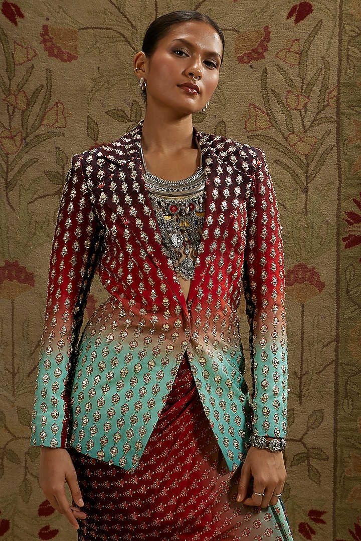 Red & Blue Crepe Printed Ombre Draped Skirt Set by SVA BY SONAM & PARAS MODI at Pernia's Pop Up Shop
