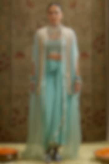 Teal Blue Organza Draped Skirt Set by SVA by Sonam & Paras Modi at Pernia's Pop Up Shop