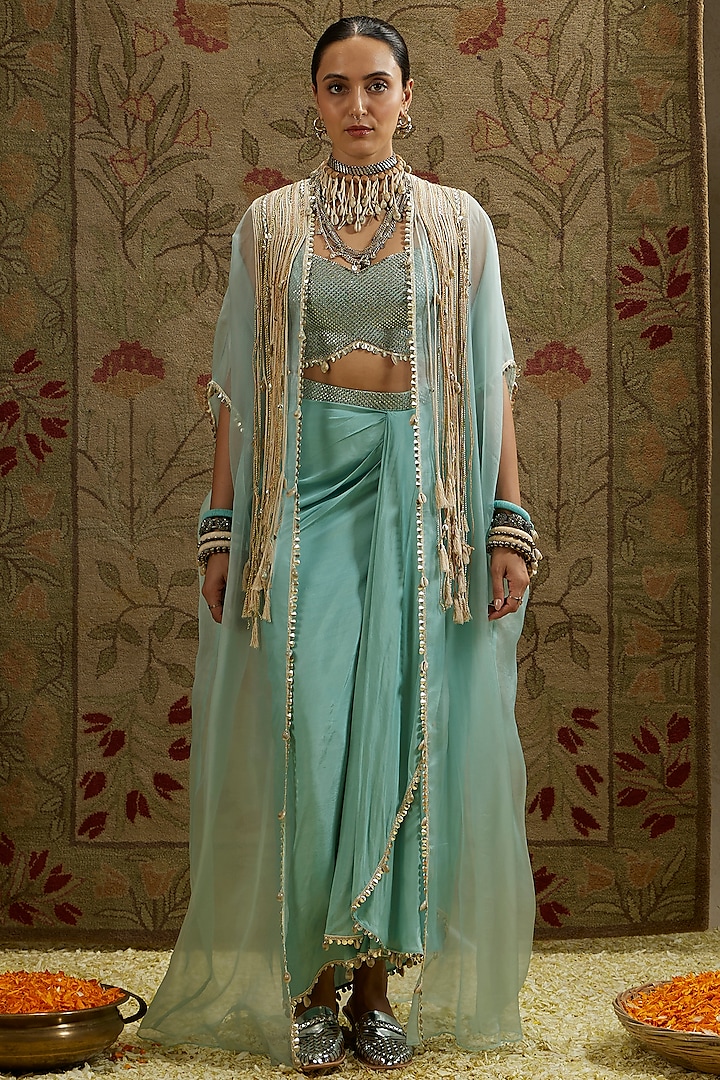 Teal Blue Organza Draped Skirt Set by SVA by Sonam & Paras Modi at Pernia's Pop Up Shop