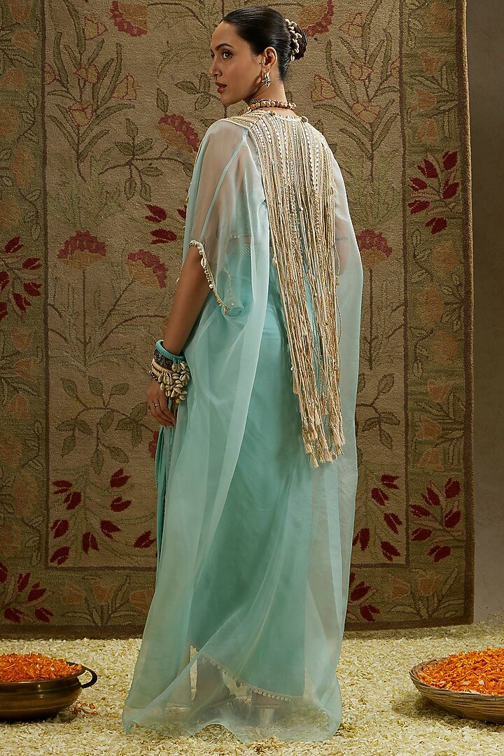 Teal Blue Organza Draped Skirt Set by SVA BY SONAM & PARAS MODI at Pernia's Pop Up Shop